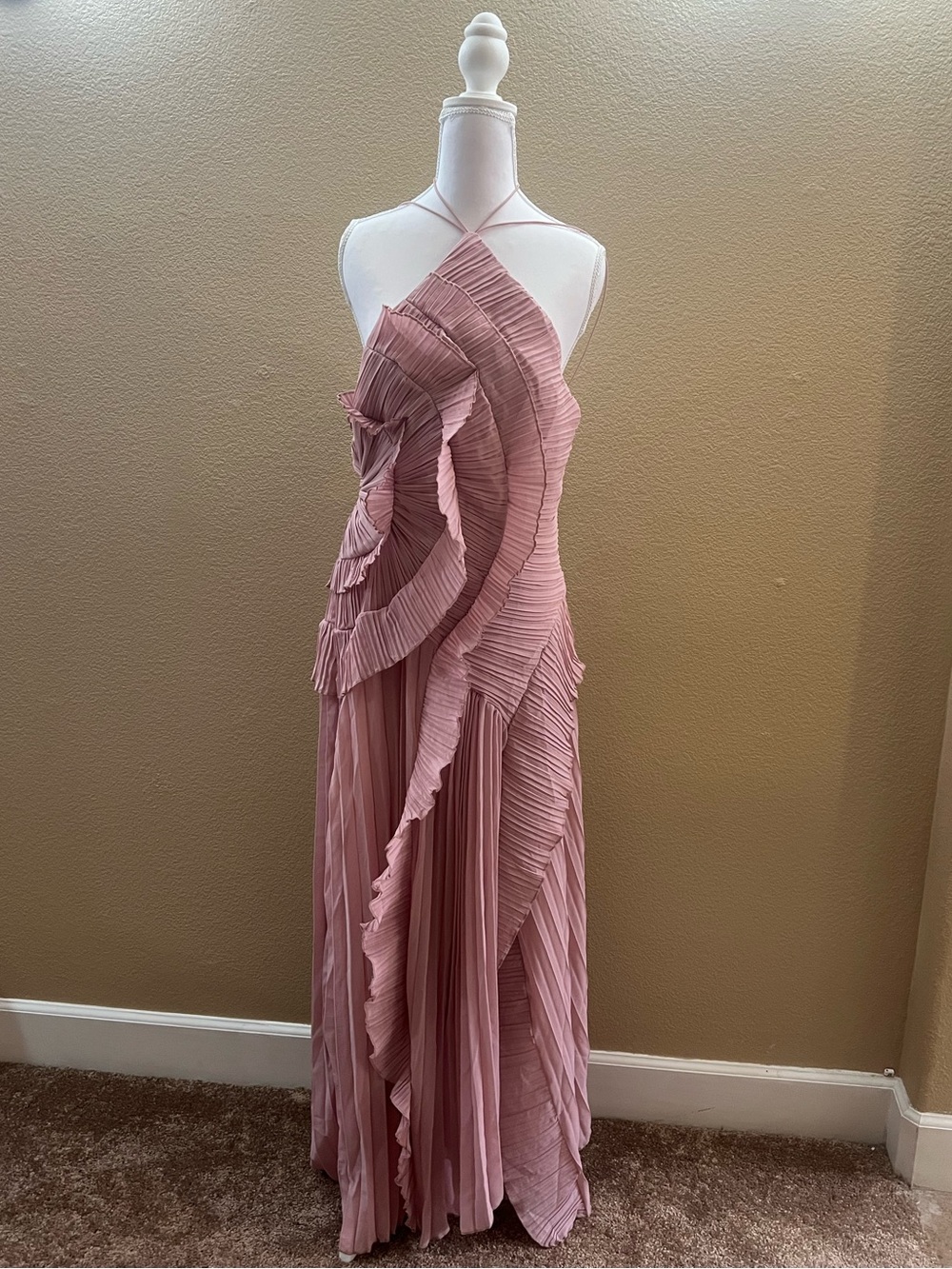 Dusty Mauve Pleated Ruffle Maxi Dress